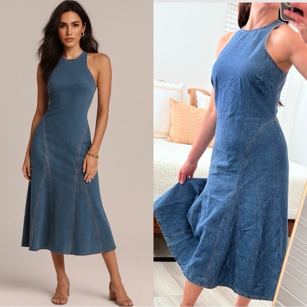 Future Collective Racerback Denim Midi A-Line Dress Medium Wash | 4
